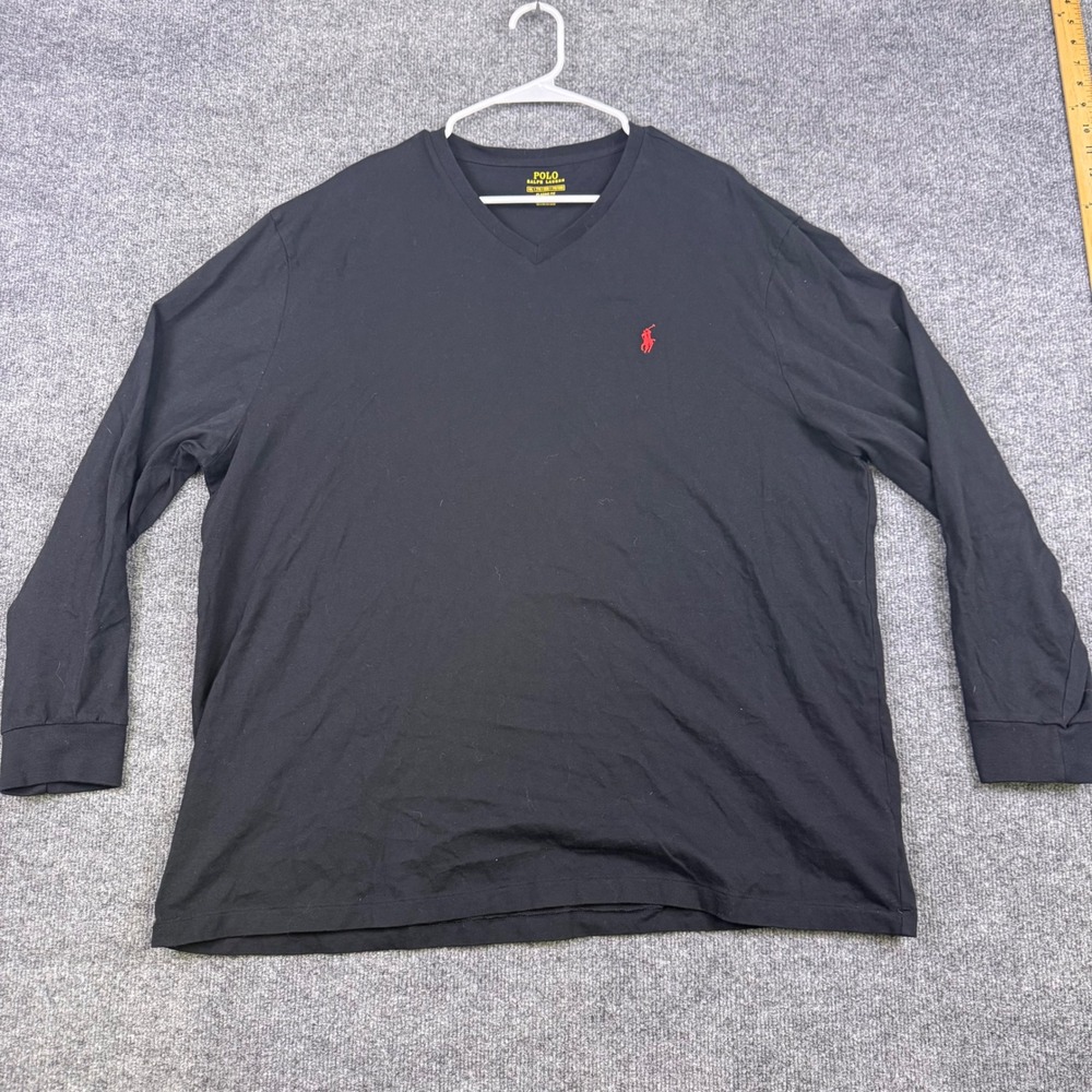 Polo Ralph Lauren Mens XXL Black V-Neck Long Sleeve T-Shirt Classic Fit Red Pony